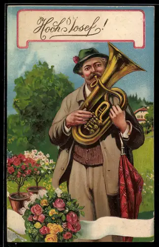 AK Geburtstagsgruss, Mann mit Blasinstrument