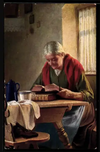AK Alte Frau beim Lesen in der Bauernstube