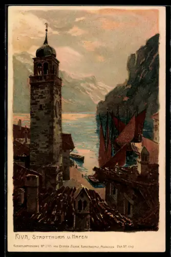 Künstler-AK Zeno Diemer: Riva, Stadtthurm u. Hafen