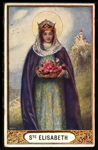 AK Ste Elisabeth mit Heiligenschein und Blumen