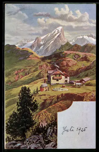 Künstler-AK Siusi, Casa alpina Dialer sull`Alpe di Siusi con Marmolata
