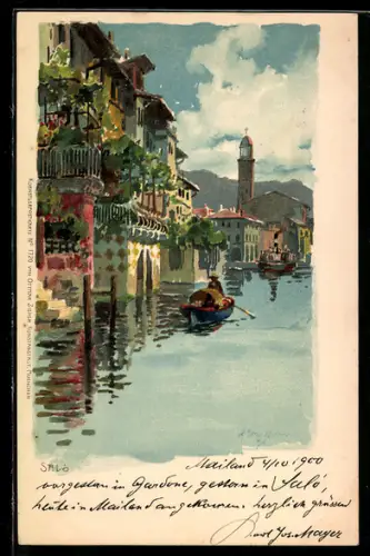 Lithographie Salo, Vista sul canale con gondola e campanile sullo sfondo