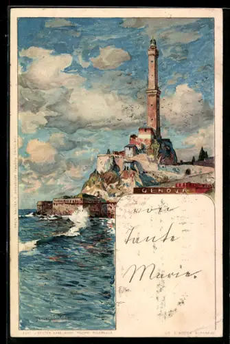 Künstler-AK Manuel Wielandt: Genova, stürmische Uferpartie am Leuchtturm
