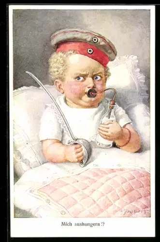 Künstler-AK H. Schubert: Mich aushungern?!, Resoluter Knabe mit Milchflasche und Krätzchen, Rotes Kreuz