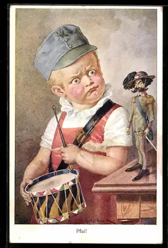 Künstler-AK H. Schubert: Pfui, Kleiner Österreicher und Puppe eines ital. Soldaten, Rotes Kreuz