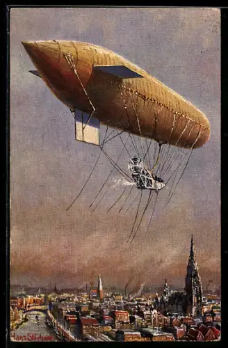 Künstler-AK Parseval-Zeppelin fliegt über eine Stadt