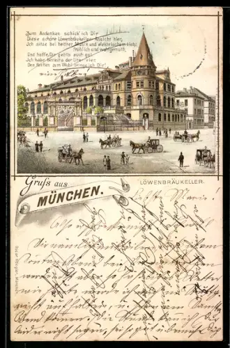 Vorläufer-Lithographie München, 1894, Strassenpartie am Löwenbräukeller