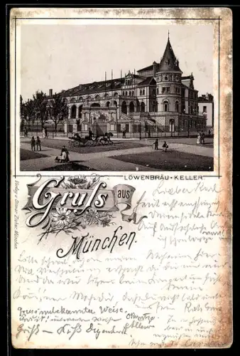 Vorläufer-Lithographie München, 1892, Löwenbräu-Keller mit Kutsche und Passanten
