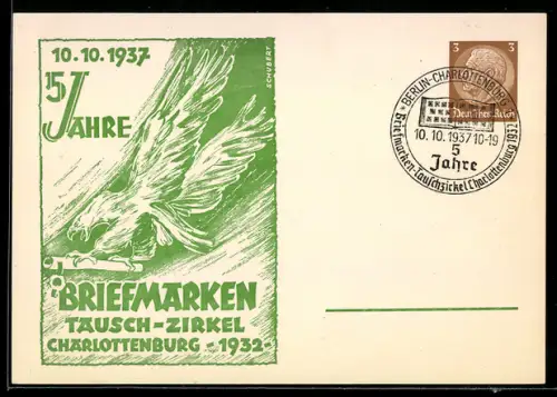 AK Berlin-Charlottenburg, 5 Jahre Briefmarken-Tauschzirkel 1937, Adler mit Schriftrolle, Ganzsache