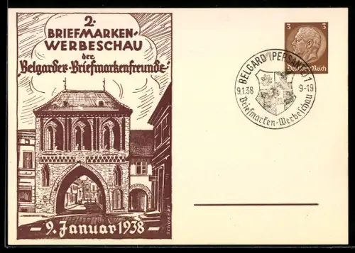 Künstler-AK Belgard, 2. Briefmarken-Werbeschau der Briefmarkenfreunde 1938, Stadttor, Ganzsache
