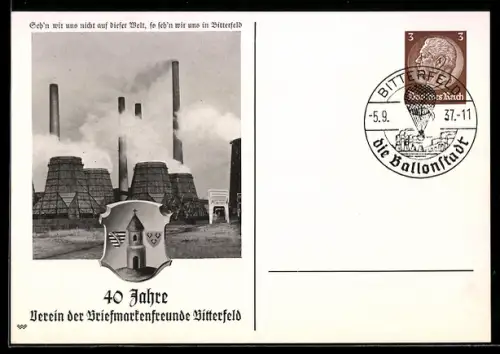 AK Bitterfeld, 40 Jahre Verein der Briefmarkenfreunde, Industriegelände, Wappen, Ganzsache