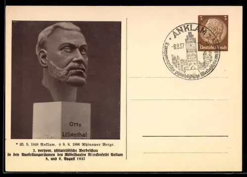 AK Anklam, 2. vorpom. philatelistische Werbeschau 1937, Büste von Otto Lilienthal, Ganzsache