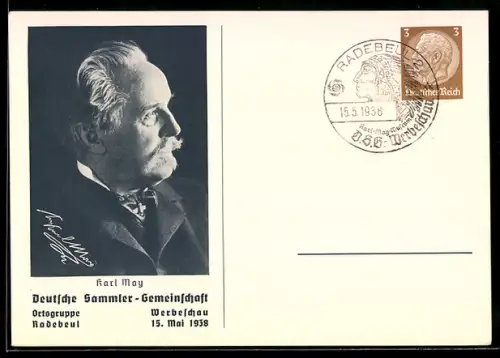 AK Radebeul, Deutsche Sammler-Gemeinschaft, Werbeschau 1938, Karl May, Ganzsache