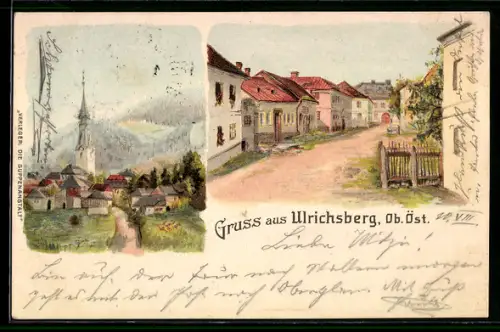 Lithographie Ulrichsberg /Ob. Öst., Dorfansicht mit Kirche, Dorfstrasse