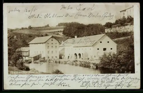 AK Haslach, Stahlmühle am Fluss, Gebäude, Felder