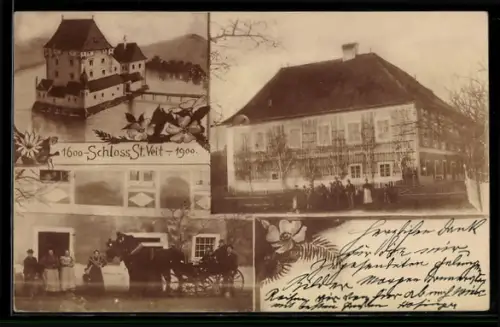 AK St. Veit, Schloss, Jubiläum 1900, Collage mit Gebäude, Versammlung und Kutsche