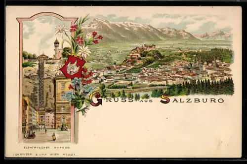 Lithographie Salzburg, Gesamtansicht mit Festung Hohensalzburg, Elektrischer Aufzug, Wappen, Bergblumen