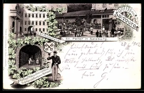 Lithographie Salzburg, St. Peter, Gaststätte Stiftskellerei, Weinkeller, Wappen, Weintrinker