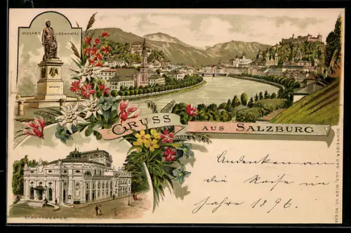 Lithographie Salzburg, Panorama an der Salzach mit Hohensalzburg, Mozartdenkmal