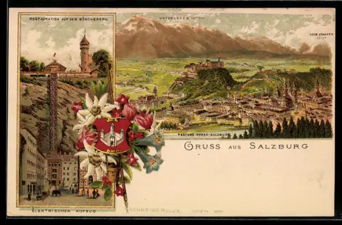 Lithographie Salzburg, Panorama mit Festung Hohensalzburg, Gaststätte und elektrischer Aufzug Mönchsberg
