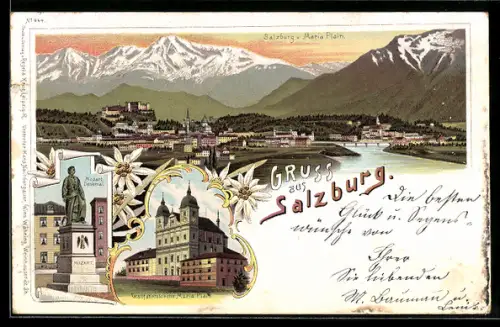 Lithographie Salzburg, Panorama mit Festung Hohensalzburg, Maria-Plain-Kirche, Mozartdenkmal