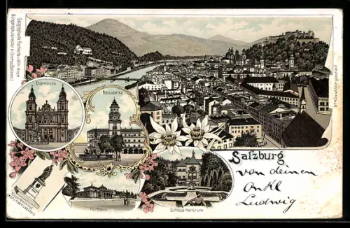 Lithographie Salzburg, Stadtpanorama, Residenz, Domkirche, Kurhaus, Schloss Hellbrunn