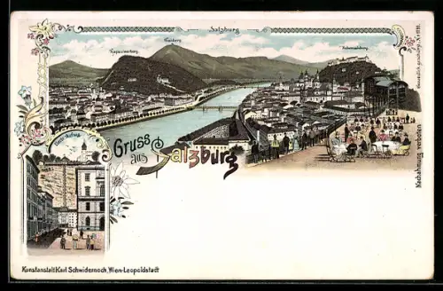 Lithographie Salzburg, Panorama mit Salzach, Brücke und Festung Hohensalzburg, Elektr. Aufzug