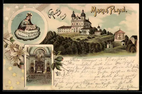 Lithographie Maria Plain, Wallfahrtskirche mit Innenansicht, Gnadenbild
