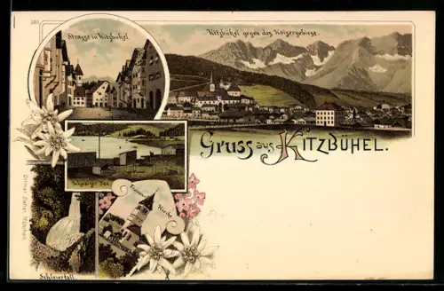Lithographie Kitzbühel, Ortspanorama mit Kaisergebirge, Strassenpartie, Schleierfall