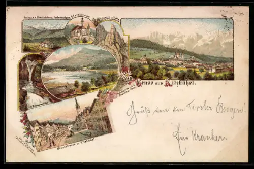 Lithographie Kitzbühel, Hauptstrasse, Gesamtansicht, Pfarrkirche