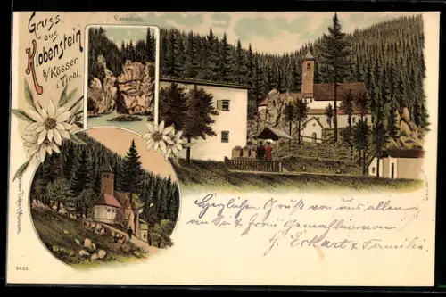 Lithographie Kössen, Ortspartie mit Kirche Maria Klobenstein, Entenloch
