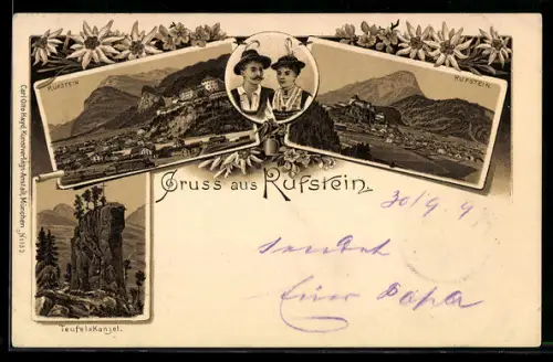 Lithographie Kufstein, Ortsansichten mit Burg, Teufelskanzel, Trachtenpaar