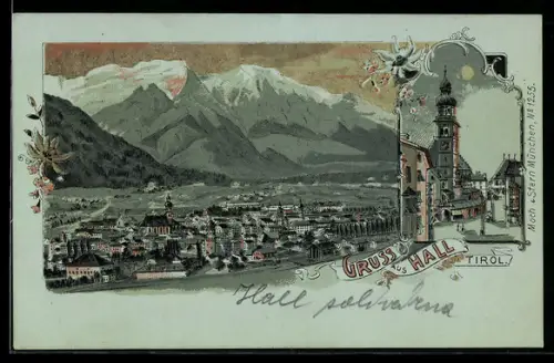 Lithographie Hall /Tirol, Gesamtansicht mit Bergpanorama, Ortspartie mit Turmgebäude