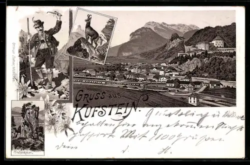Lithographie Kufstein, Ortsansicht mit Festung und Bergpanorama, Gems, Wanderer