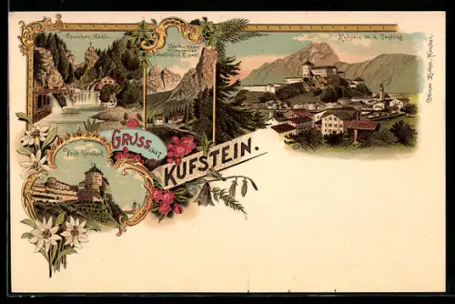 Lithographie Kufstein, Festung, Sparchen-Mühle, Ortsansicht