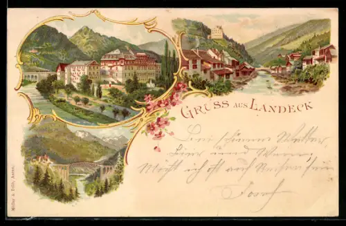 Lithographie Landeck, Panorama mit Schloss, Fluss und Brücke