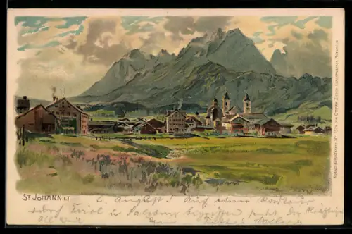 Lithographie St. Johann i.T., Dorfansicht mit Kirche und Bergpanorama