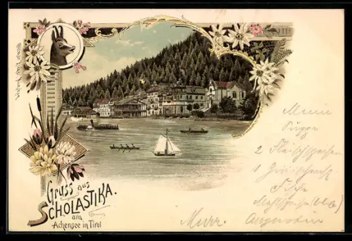 Lithographie Scholastika am Achensee, Seepanorama mit Schiffen und Ort