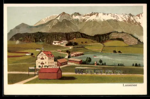Lithographie Lansersee, Ortsansicht mit See, Zug und Bergpanorama