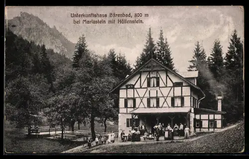 AK Bärenbad bei Mariastein, Unterkunftshaus mit Personen, Garten, Wald und Bergkulisse