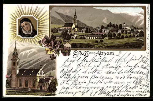 Lithographie Absam, Ortsansicht, Kirche, Gnadenbild