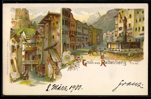 Lithographie Rattenberg /Tirol, Marktplatz mit Brunnen und Häuserzeile, Ortspartie mit Ruine