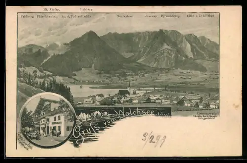 AK Walchsee /Tirol, Gasthof zur Post / Fischerwirt, Ort mit See u. Bergpanorama