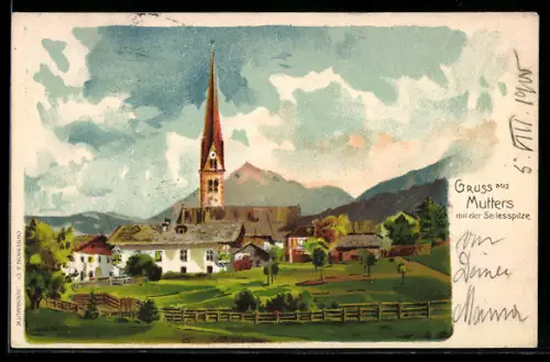 Lithographie Mutters, Dorfansicht mit Kirche und Serlespitze