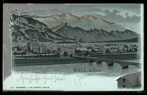 Mondschein-Lithographie Hall in Tirol, Ortspanorama mit Brücke, Stadt und Gebirgspanorama, silberner Mond