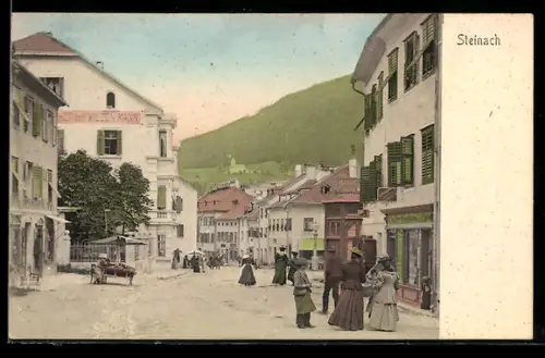 AK Steinach, Strasse mit Geschäften und Passanten, Verkaufsstand, Blick zur Kirche