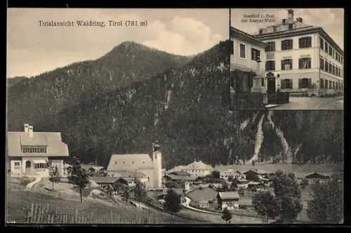 AK Waidring /Tirol, Totalansicht mit Kirche, Gasthof zur Post K. Waltl