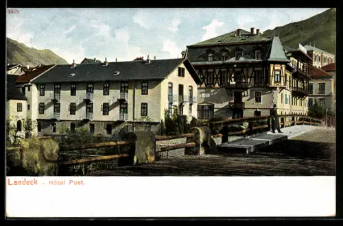 AK Landeck, Hotel Post, Panorama mit Brücke