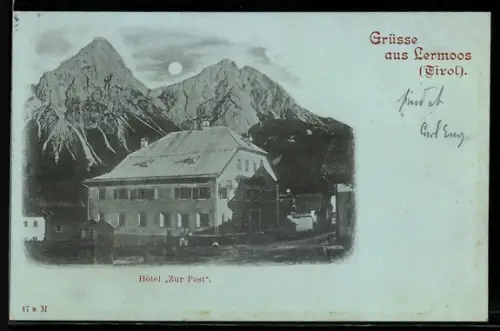 Mondschein-AK Lermoos /Tirol, Hotel Zur Post
