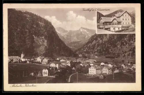 AK Mallnitz /Kärnten, Gasthof z. Dössnersee, Panorama mit Ort und Bergblick